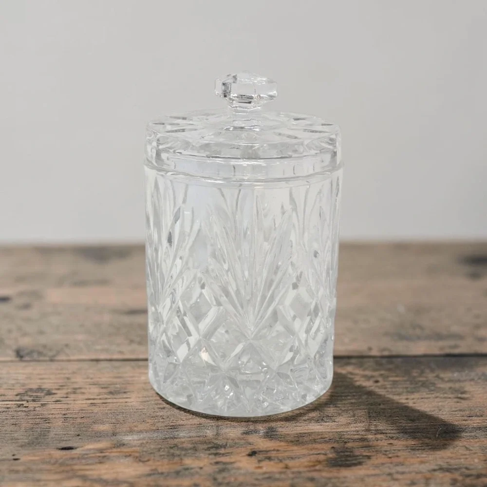 Cut Lead Crystal Biscuit Jar Lidded Diamond Fan Pattern Faceted Knob Candy Dish
